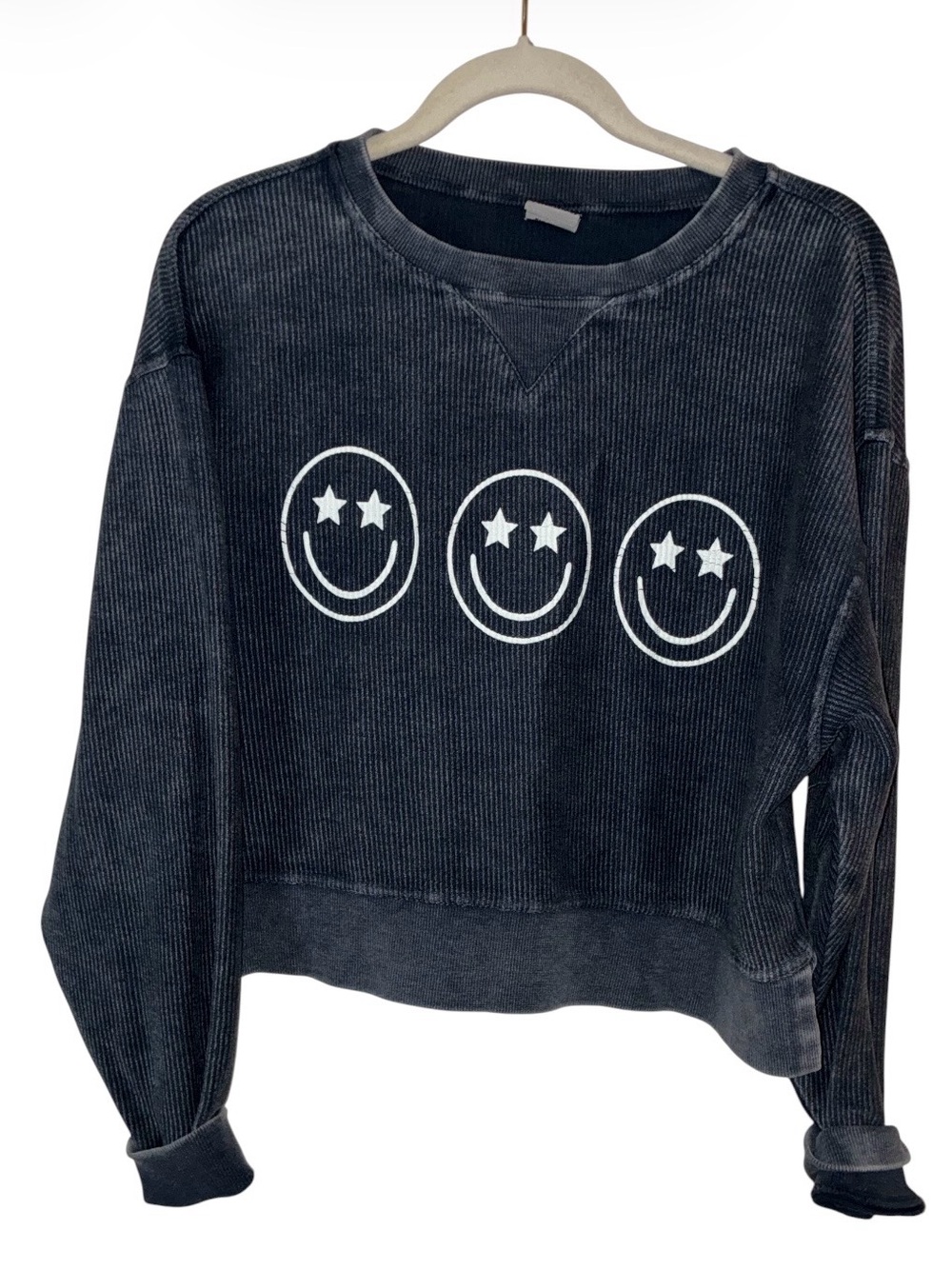 Chicka-D Star-Eye Smile Face Corded Sweatshirt - Navy/Grey Sz M